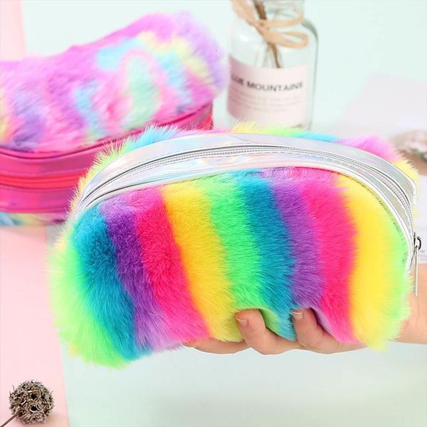 

rainbow plush pencil case cute cosmetic bag large capacity box school supplies stationery women travel makeup hand bags
