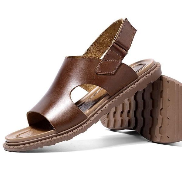 

sandals genuine leather summer mens fashion outdoor flats hook loop shoes leisure beach gladiator breathable open toe, Black