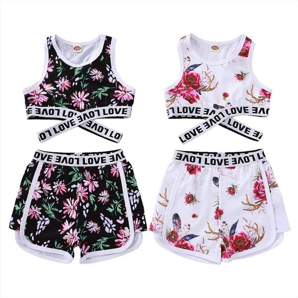 

summer toddlers baby girls outfits letter floral printing belt elastic waist shorts clothes set 1 5years, White