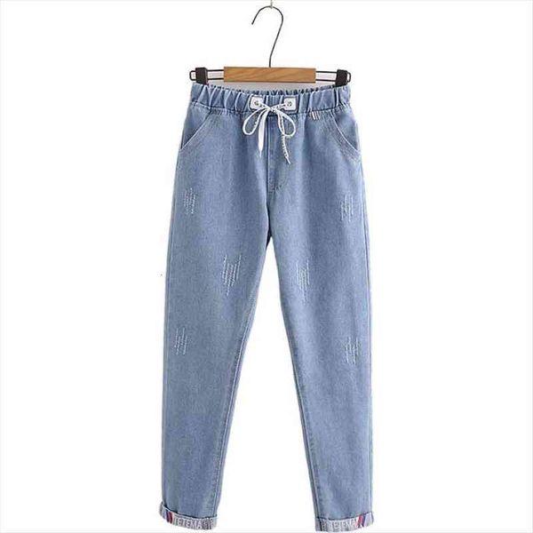 

blue letter embroidery scratched washed women jean pencil casual denim pants autumn elastic waist ladies basic trousers