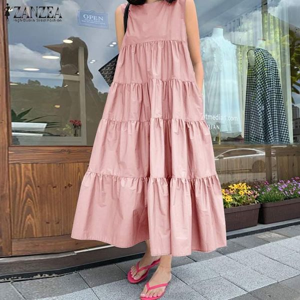 

casual dresses summer elegant sleeveless ruffles dress women bohemian beach sundress zanzea solid kaftan vestidos robe femme tanks 5xl, Black;gray