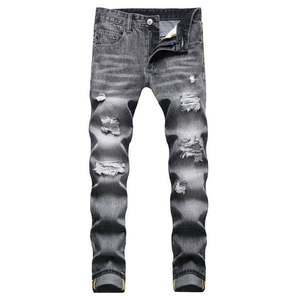 

men's jeans mens plus size four seasons youth trousers mid-waist washed gray straight fashion hole 90s boyfriend, Blue