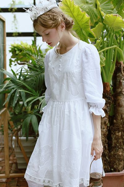 

casual dresses spring autumn women vintage elegant slim handmade embroidery midi princess mori girl cotton linen white oqzd, Black;gray