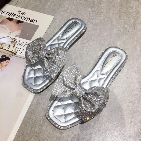 

slippers bow women transparent flip flops summer crystal diamond bling beach slides flats casual shoes, Black