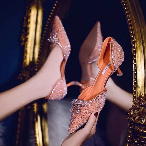 

slippers french high heel bridal wedding shoes women summer and autumn all-match elegant crystal banquet sandals bridesmaid 91iz, Black