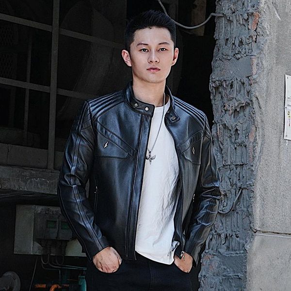

men's leather & faux men brand biker real jacket short sheepskin slim stand collar coat autumn street punk black outerwear oversize 4xl