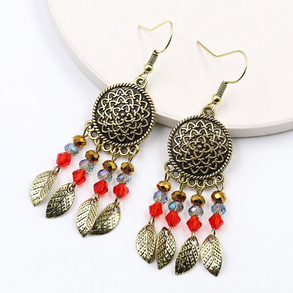 

women's vintage earrings bohemian ethnic round flower accessories alloy leaves rice beads tassel earrings danglers brincos, Silver