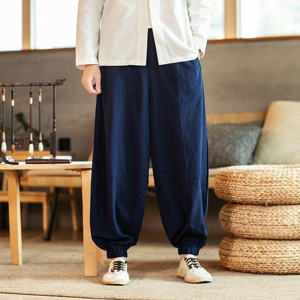 

men's pants mrgb cotton coil buckle men chinese style loose casual trousers wide leg harem hanfu oversized man clothes, Black