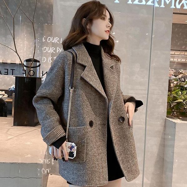 

women's wool & blends suit jacket female autumn/winter 2021 han edition british wind cloth with thick loose leisure small, Black