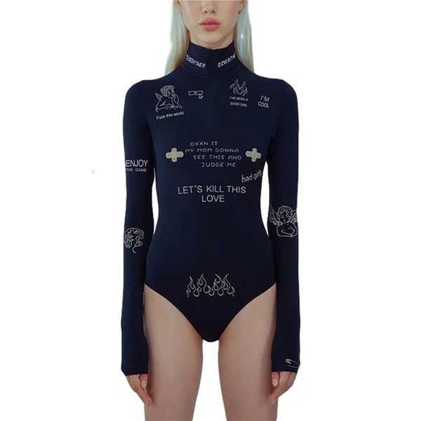 

women's jumpsuits & rompers woman's letter cartoon print slim jumpsuit turtleneck long sleeve elastic one-piece daily life romper, Black;white