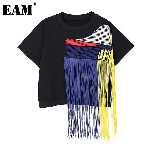 

[eam] loose fit tassels asymmetrical sweatshirt round neck short sleeve women big size fashion spring summer 1dd7397 21512, Black