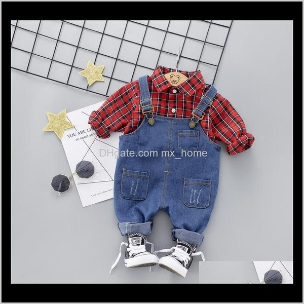 Baby Kids Maternità Drop Delivery 2021 Spring Baby Boy Plaid a maniche lunghe in cotone Tshirtblue Denim Bretelle Pantaloni Set di abbigliamento Edzla