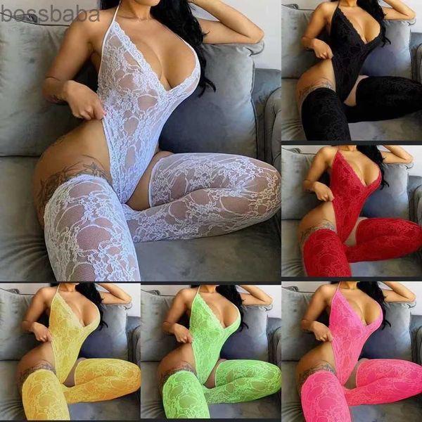 Mulheres Jumpsuits Sexy Lace Divertido Terno Sem Mangas Volteiro Deep V-Neck Teddy Onesie Long Meias Menina Vestido Night 815