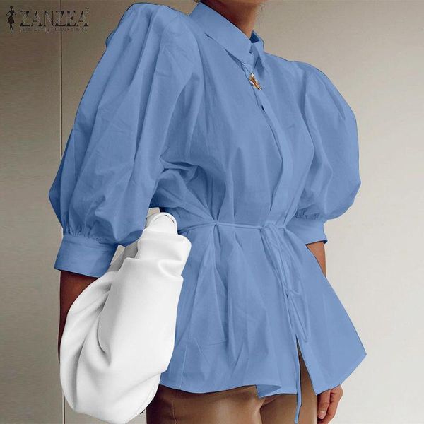 

women's blouses & shirts solid puff sleeve blusa fashion office lady work shirt casual button drawstring tunic 5xl 2022 summer womens, White