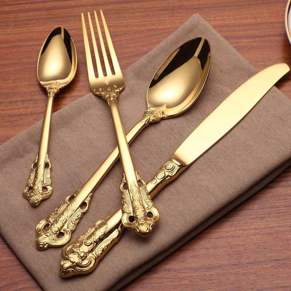 

gold vintage dinnerware set stainless steel luxury knife fork spoon tableware vajilla talheres kitchen accessories jq sets