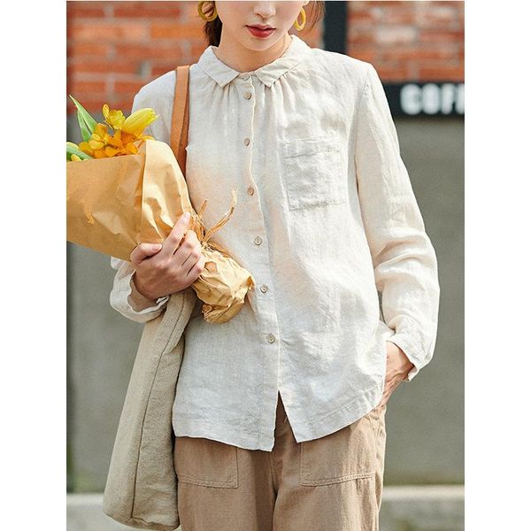 

women's jackets 21 spring and summer primary color linen shirt female literature art leisure loose long sleeve cotton, Black;brown