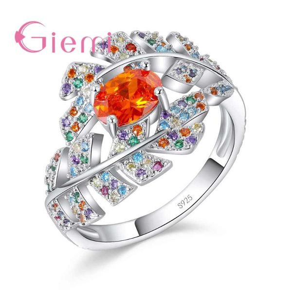 

cluster rings creative cz rainbow leaf ring with big oval orange crystal fine 925 sterling silver zircon jewelry women girls gift, Golden;silver
