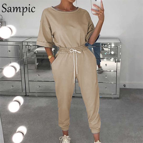 Sampic Summer Fashion Women Sets Khaki Algodão Camisa de Manga Curta Tops e Calças Dois Pedaço Set Mulheres Lounge Wear Outfits Terno Y0702