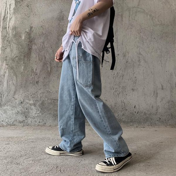 

men's jeans [tide men and women] autumn style korean retro nostalgic color multi-pocket straight wide leg pants, Blue