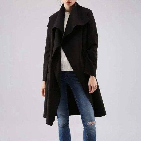 

mandylandy lace up jackets casual female fashion outwear woolen coat women long sleeve stitching cardigan women's wool & blends, Black