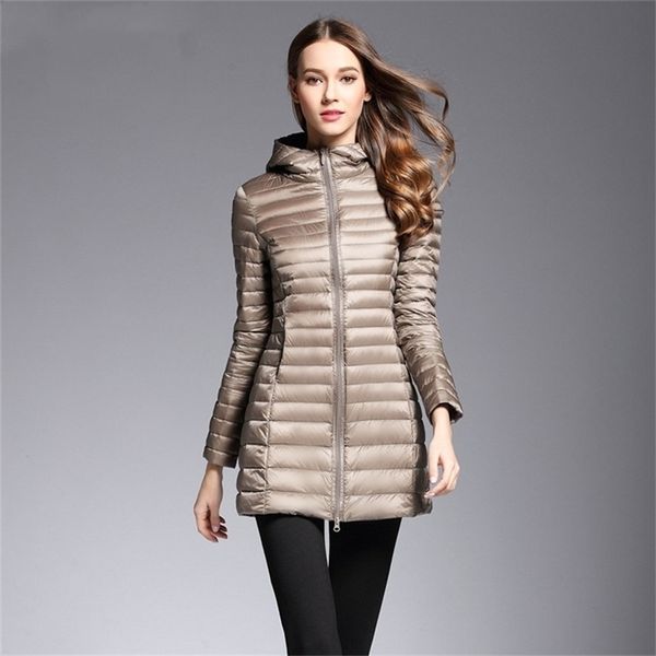 Frauen Weiße Ente Unten Jacke Mode Herbst Winter Ultra Licht Medium Lange Puffer Mantel Damen Casual Mit Kapuze Parkas 210525