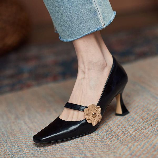 

flower design stiletto real genuine leather women heels shoes spring fashion night club party high heel dress, Black