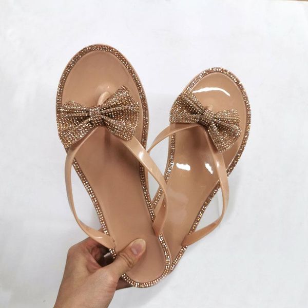 

slippers bling crystal female flip flops summer ladies sweet bow rhinestone pvc flat bottom breathable women beach shoes, Black