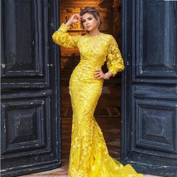 Luxo amarelo lace manga longa vestidos de noite sereia 3d floral celebridade árabe vestido de baile de baile plus tamanho formais festa de ocasião formal gonws