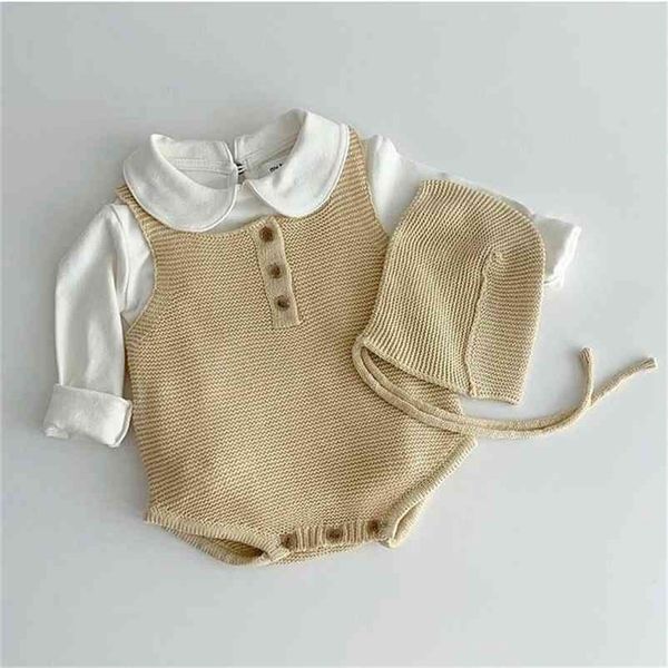 Herbst Baby Jungen Mädchen gestrickt Bonbonfarbe ärmelloser Body mit Mützen Säuglinge Baumwolle warme Overalls 210508