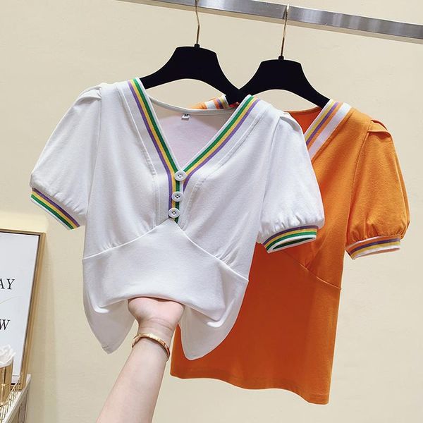 

women's t-shirt real s v-neck short sleeves 2021 summer style fashion all-match crop top, White