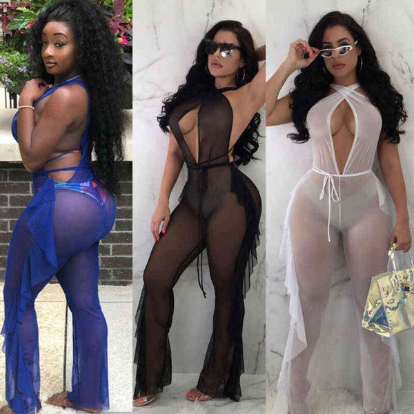 

women transparent mesh jumpsuit beachwear bikini cover up see through sheer mesh v neck overalls rompers, White;black