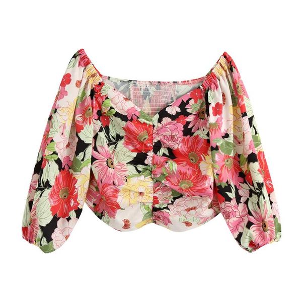 

women's blouses & shirts 2021 summer v-neck puffy long-sleeved pleated decorative flower printed casual short shirt, White