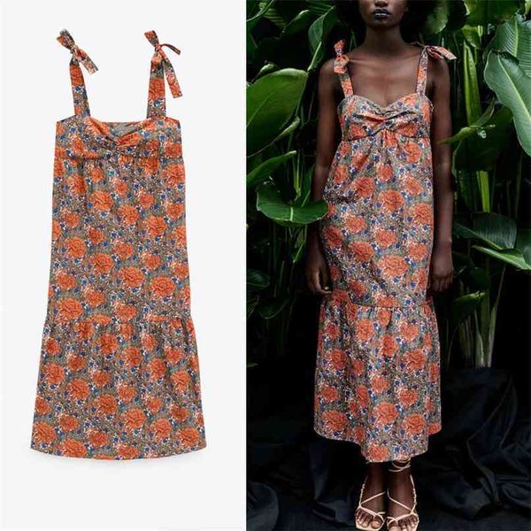 

women vintage floral print dress adjustable tie straps midi summer es woman smocked elastic cottagecore 210524, Black;gray