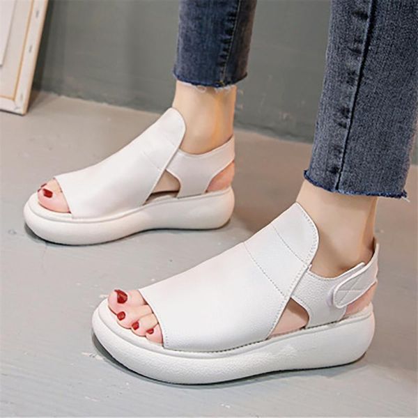 

ladies leather platforn women fashion shoes woman summer sandals female hook loop peep toe wedges women's comfortable footwear, Black