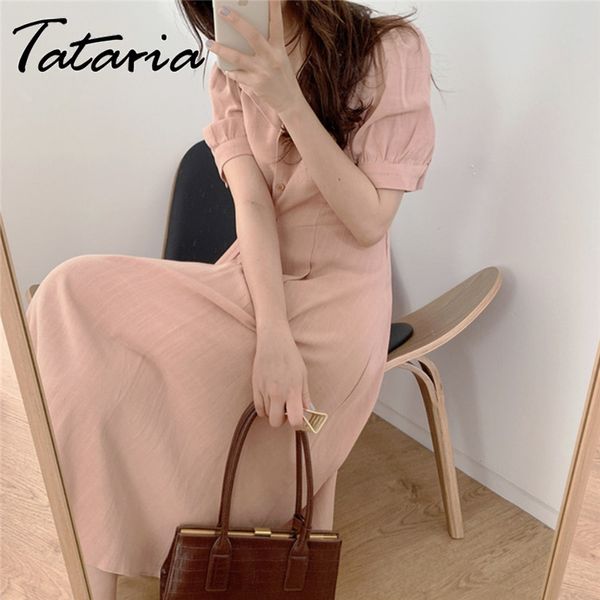 

summer skirt dresses for women cotton linen thin soft girl puff sleeve v neck pink lace up mid botton vestidos 210514, Black;gray
