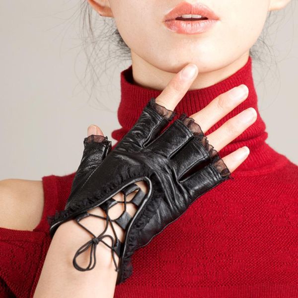 

five fingers gloves genuine sheepskin leather fingerless rope glove women straps openwork cross lace up ruffle mittens party s2149, Blue;gray