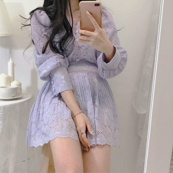 

2 piece set chic purple women tracksuits white v neck hollow out blouse and mini skirts 2pcs sets suit, Gray