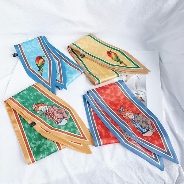 

scarves ins animal design twill silk small women ribbon scarf mermaid print hair bags handle decoration tie hand, Blue;gray