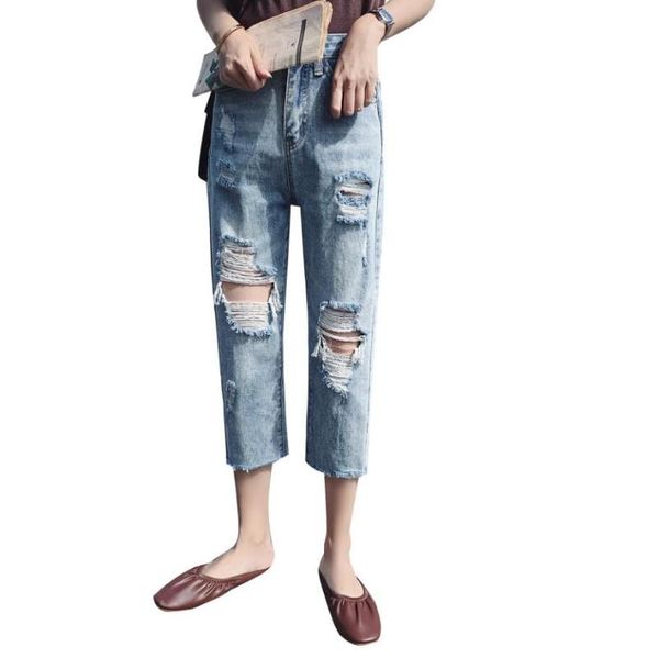 

women's jeans 2021 spring summer straight woman high waist hole ripped blue loose denim pants plus size 4xl r651