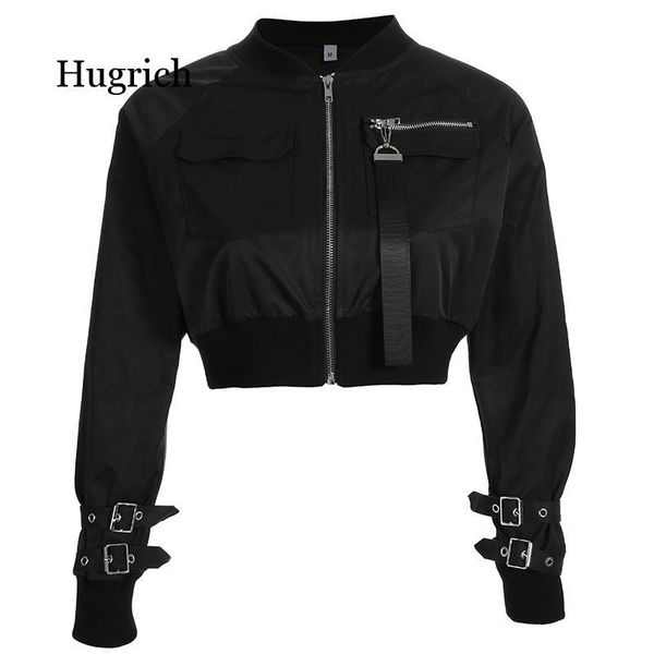 

outerwear coat bomber women patch long sleeve autumn jacket pocket hig waist buckle zipper street wear women's jackets, Black;brown