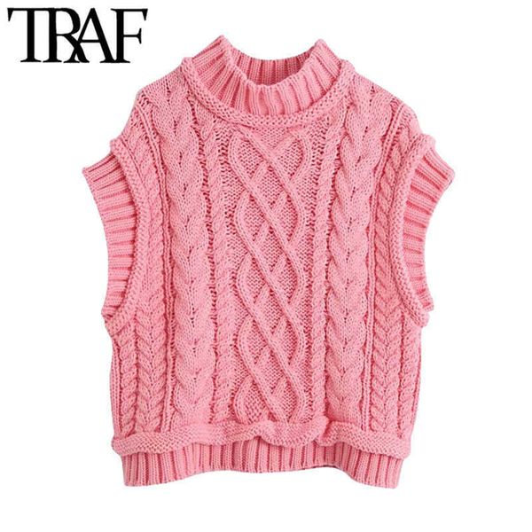 TRAF Mulheres Doce Fashion Cabo de malha colhida colete Sweater vintage alto pescoço sem mangas femininas cintura chique tops 211008