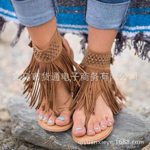 

women summer sandals gladiator flat heel bohemia style rome beach flip flop plus size fringe buckles slide, Black