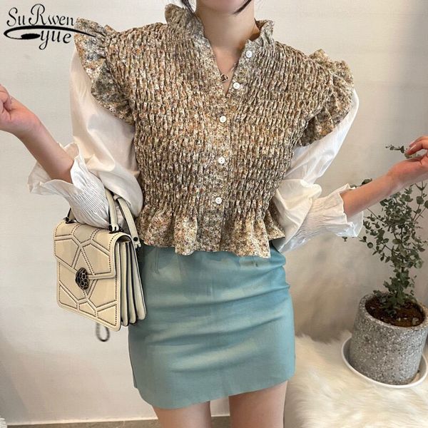 

long sleeve single breassted women short shirts spring printed ruffled and blouse blusas mujer 13249 210427, White