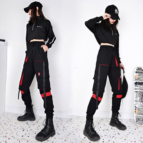 

black cargo korean loose womens pant high waist slimming ankle length tied casual autumn sweater trousers harem, Black;white