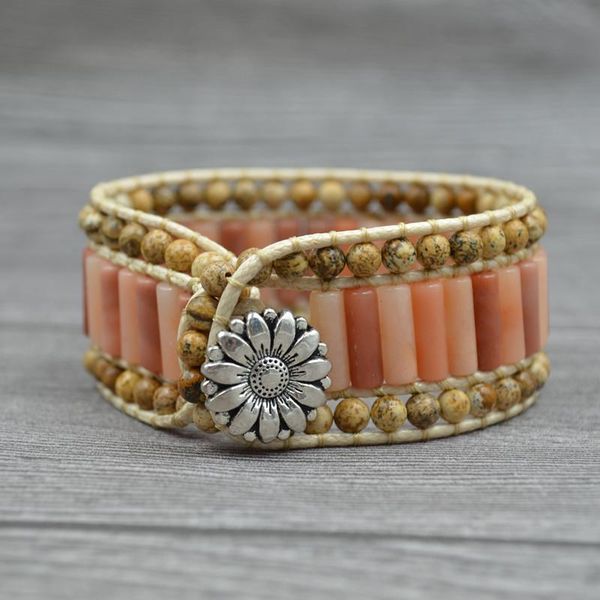 

tennis vintage boho manhand tube shape bracelet leather wrap beaded cuff drop, Golden;silver