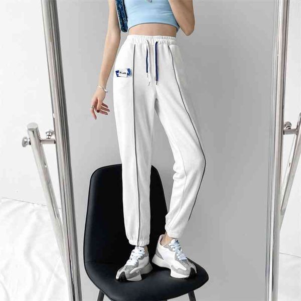 Pantaloni della tuta con strisce riflettenti con coulisse pantaloni da donna con imbracatura primaverile a vita alta mutandine larghe pantaloni da jogging donna 210522