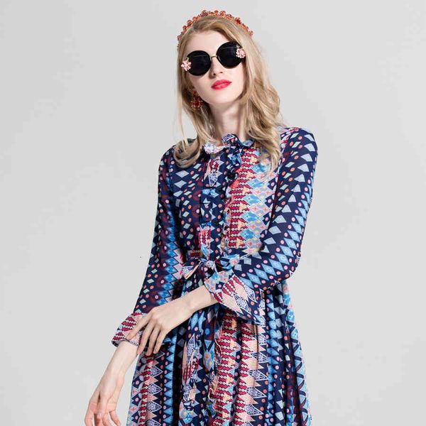 

dress blue seqinyy elegant long women fashion runway flowers print 3/4 xxxl a-line ed in belt, Black;gray