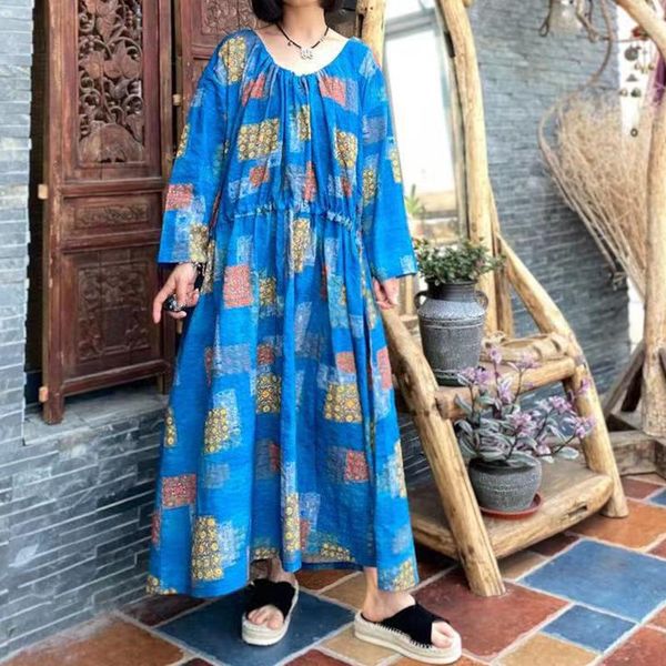 

casual dresses johnature print cotton women vintage chinese style o-neck full sleeve loose 2021 autumn a-line, Black;gray