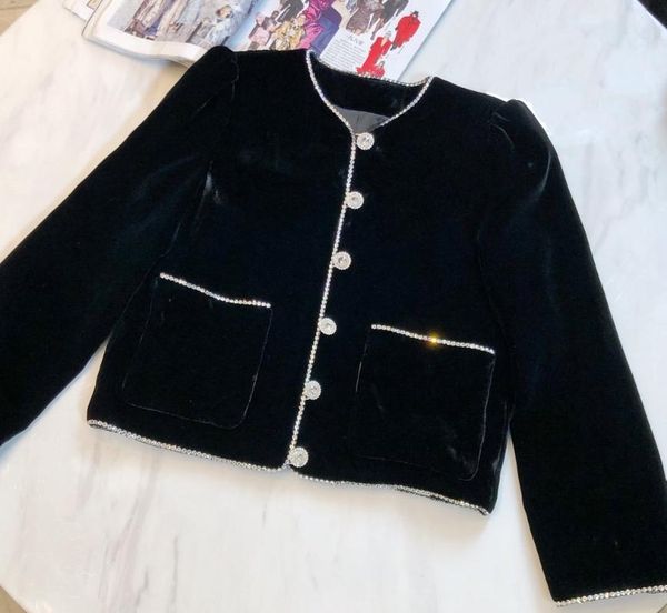 

women's jackets ladies 2021 fashion long sleeve crystal diamond round neck short jacket 0916, Black;brown
