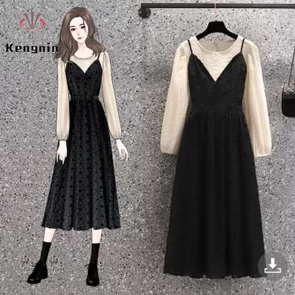 

casual dresses oversized women dress sets autumn sleeveless strap + chiffon shirt two piece black simple blouse suit ke1151, Black;gray